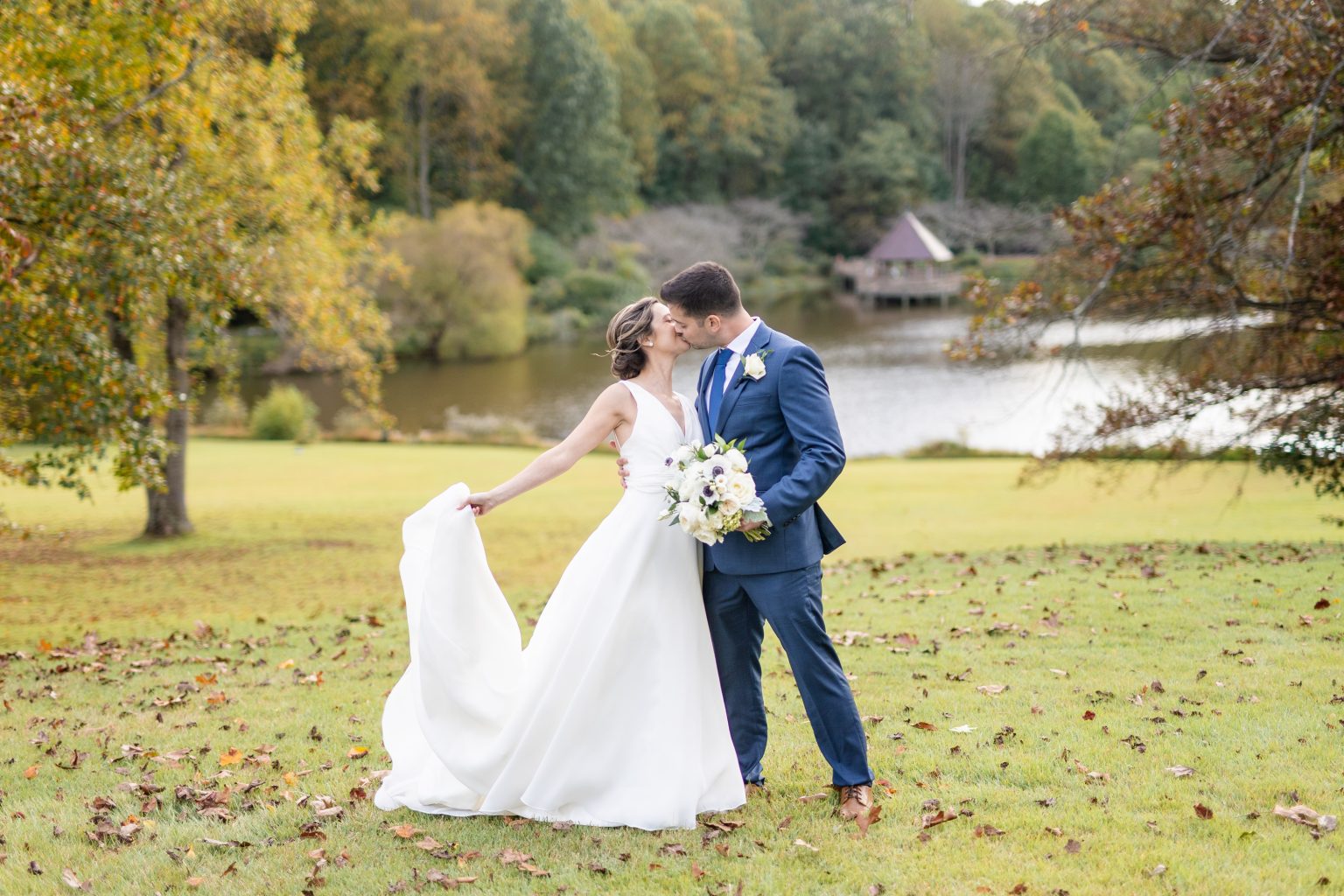 Wedding photo of bride and groom at the Atrium at Meadowlark in Vienna, VA