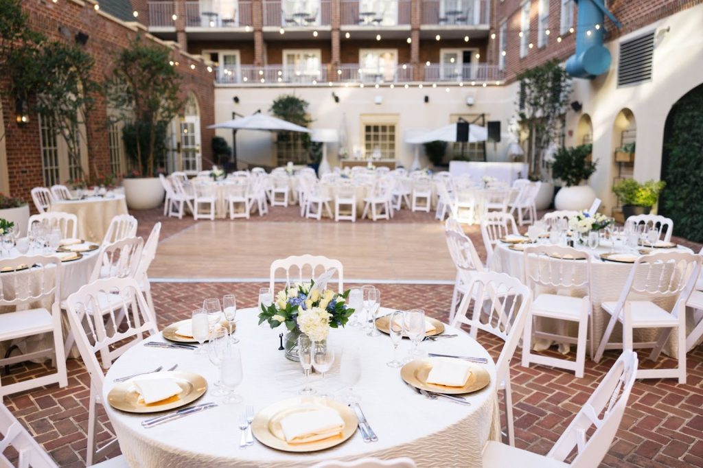 Wedding photo of a reception space with tables and a dance floor