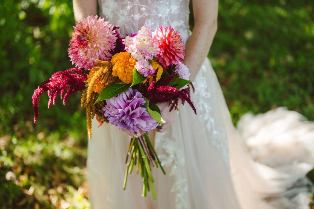 Wedding photo of a bride holding a bouquet