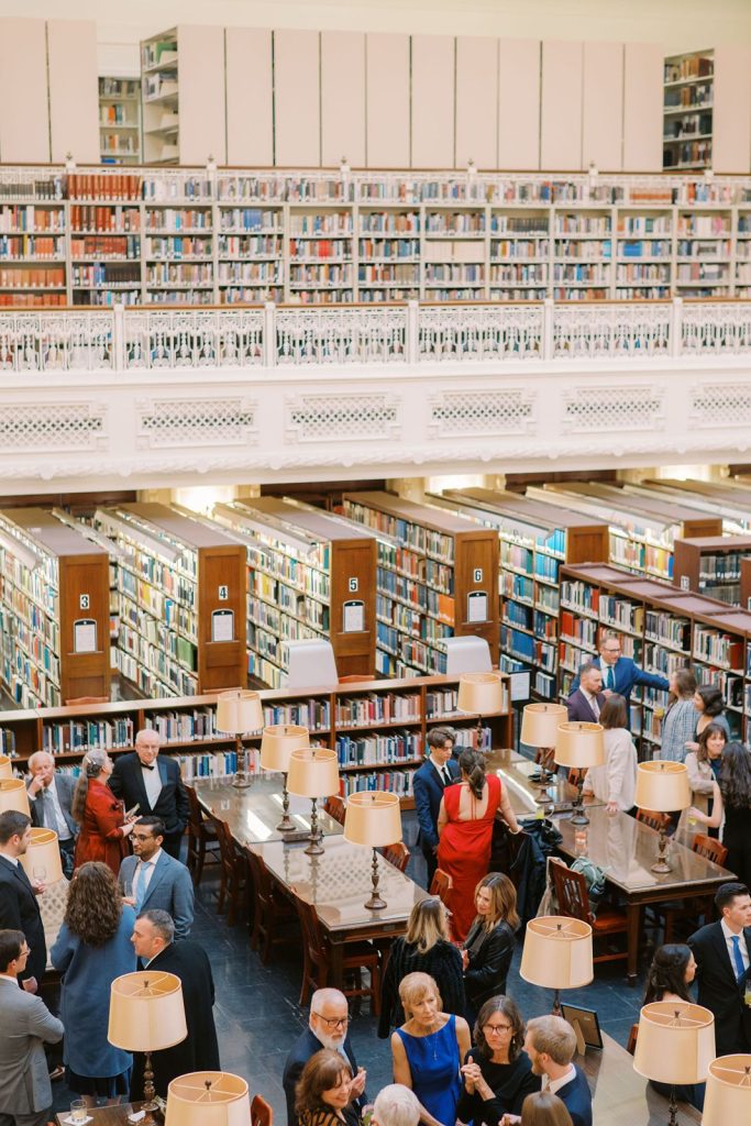 Cocktail hour in the library for a Daughters of the American Revolution wedding