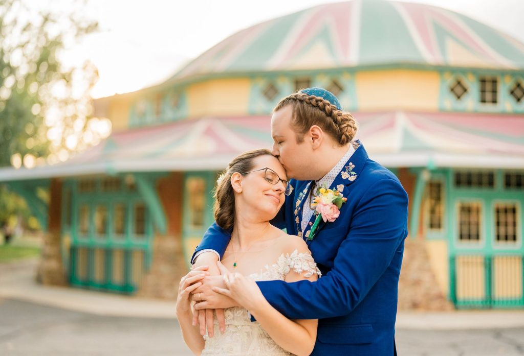 Glen Echo Park Wedding Couple Portrait Outside Dentzel Carousel