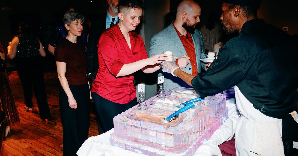 Gelato bar served in ice sculpture at Pinstripes DC wedding reception