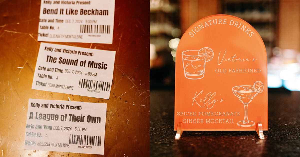 Personalized movie ticket escort cards and bar sign for Pinstripes DC wedding reception