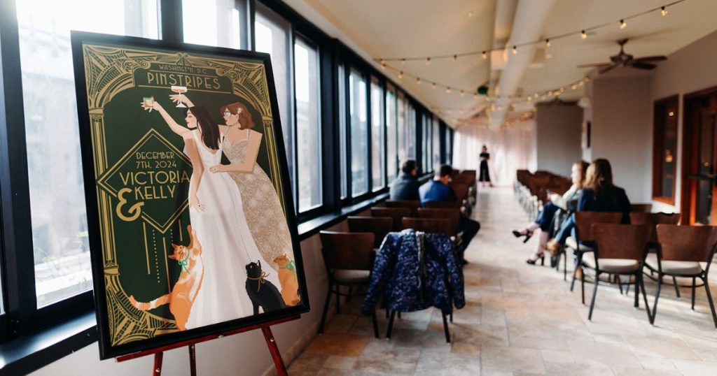 Personalized wedding sign with illustration of brides and their cats at Pinstripes DC wedding