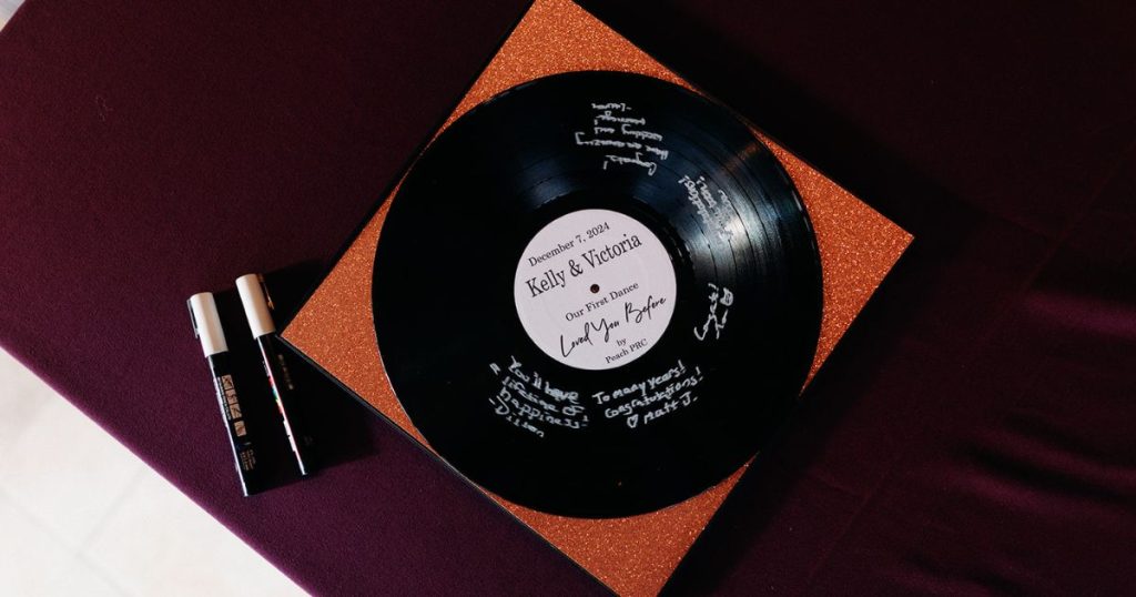 Personalized wedding vinyl guest book at Pinstripes DC wedding