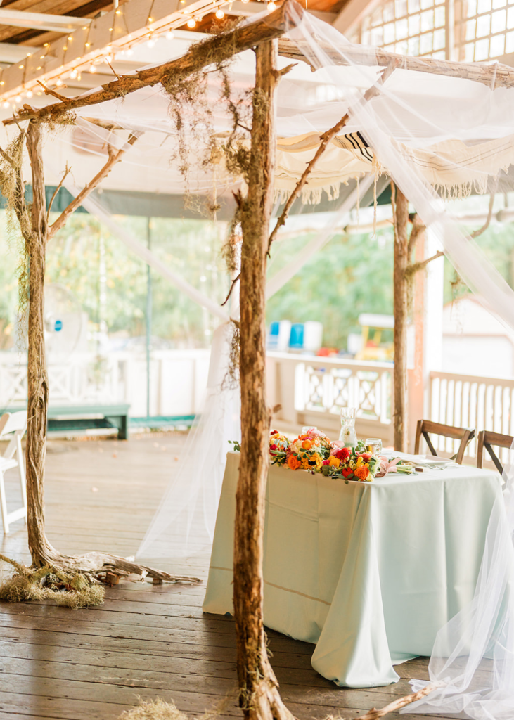 a chuppah placed over the couple's sweetheart dinner table
