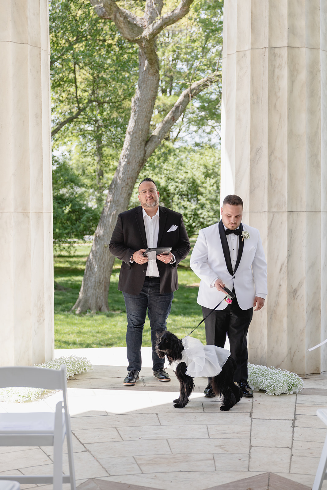 Groom holding the leash of his black dog at the end of the aisle with officiant waiting for the DC War Memorial wedding ceremony