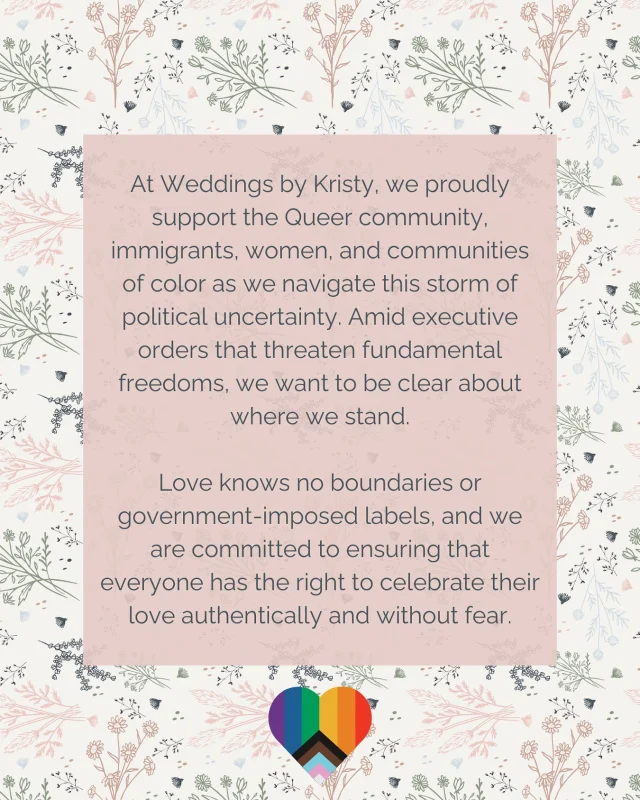 Inclusivity has always been and will always be one of our core values. It’s at the very foundation of my business. It’s the reason why I became a wedding planner. 

Many wedding vendors will say their business isn’t political. That politics don’t belong in the wedding industry. And wouldn’t that be nice? Wouldn’t it be great if marriage wasn’t a political issue? If love wasn’t political? If someone’s MERE EXISTENCE wasn’t political?

Unfortunately that simply is not the reality we live in. So we will continue to loudly and proudly support those the current administration is trying to erase, especially trans and non-binary individuals. 

We see you. We love you. We support you. 

If you have an issue with this: Unfollow me, block me, fire me. We don’t want or need your business or partnership.